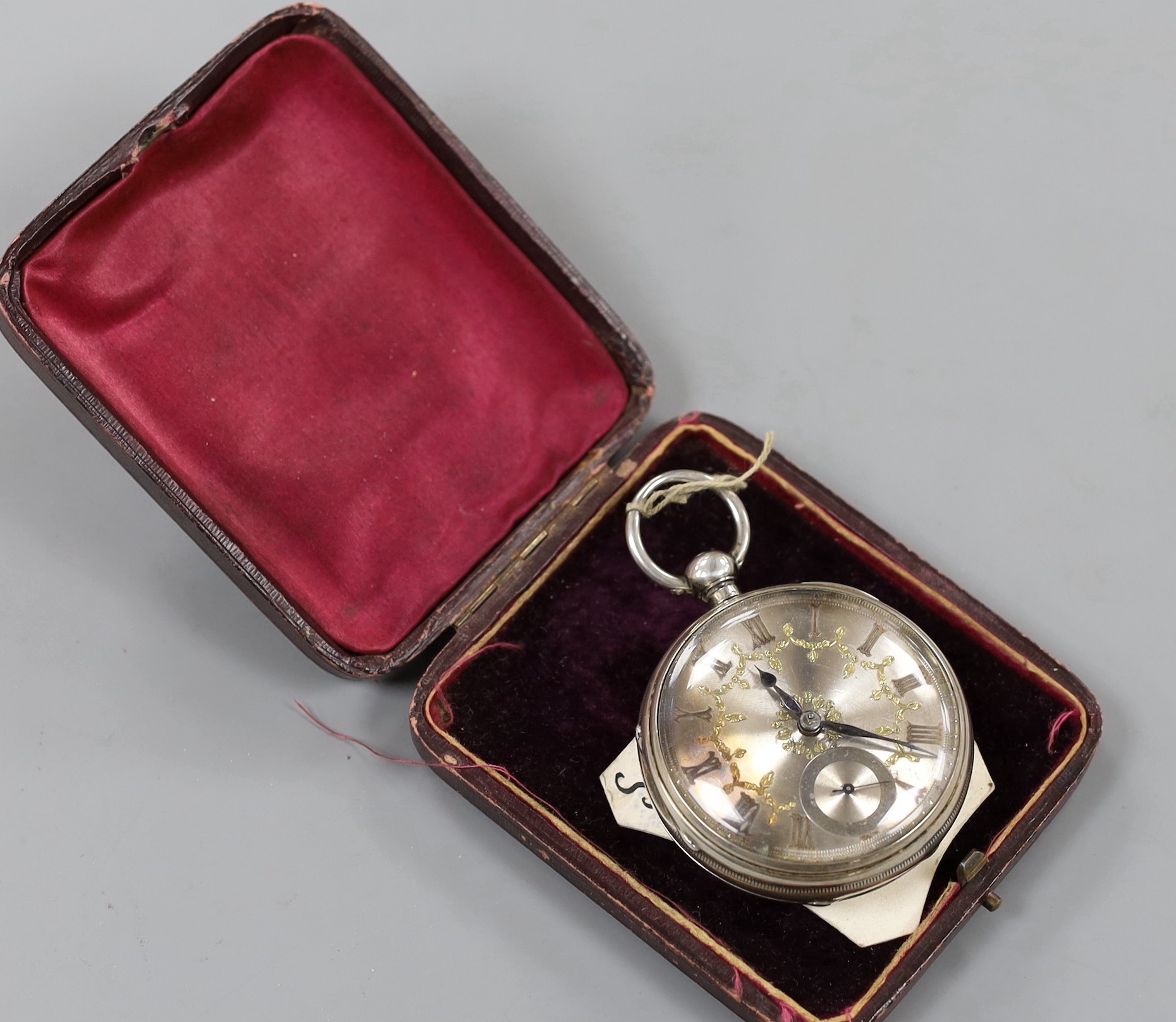 A Victorian silver keywind fusee open face pocket watch, the silvered dial with gilt Roman numerals and subsidiary seconds, case diameter 54mm.
